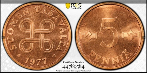 1977 5-PENNIA FINLAND KM#45 PCGS NEAR SUPERB BU MS66RD FOUR JOIN LOOPS RARE R10 Cover