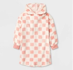 Girls' Oversized Long Sleeve Hooded NightGown Plaid Plush White/Pink M, L  - Picture 1 of 5