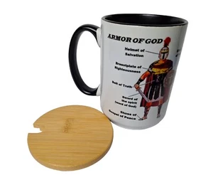 Armor of God & Bible Verses Black White Coffee Tea Mug w/ Lid  & Straw Hole 15oz - Picture 1 of 7