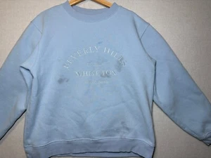 Womens Small White Fox Baby Blue Crew Neck Beverley Hills Distressed - Picture 1 of 5