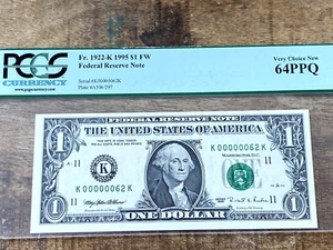 $1 1995 Federal Reserve Note 1922-K Dallas PCGS 64PPQ - LOW SERIAL 62 - Picture 1 of 2