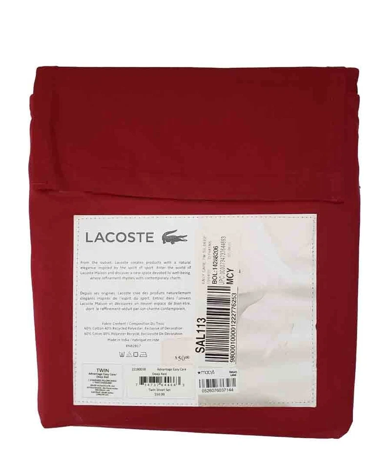 Juego de sábanas dobles Lacoste mezcla de algodón rojo intenso NUEVO Foto 1 de 1