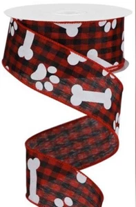 1.5" Red & Black Gingham Check Wired Ribbon Dog Bones & Paw Prints Paws by Yard - Picture 1 of 2