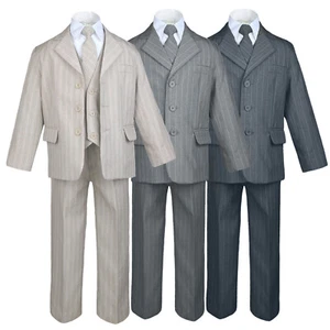 New Infant, Toddler Boy Formal Wedding Blue Gray Khaki Pin Stripe Tuxedo Suit - Picture 1 of 10
