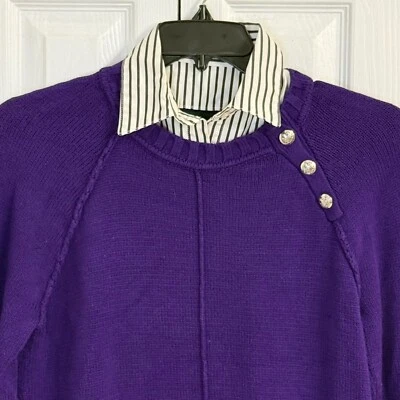 Lauren Ralph Lauren 毛衣上衣纽扣条纹分层外观 M 紫色学院风 — 第 1/4 张图片