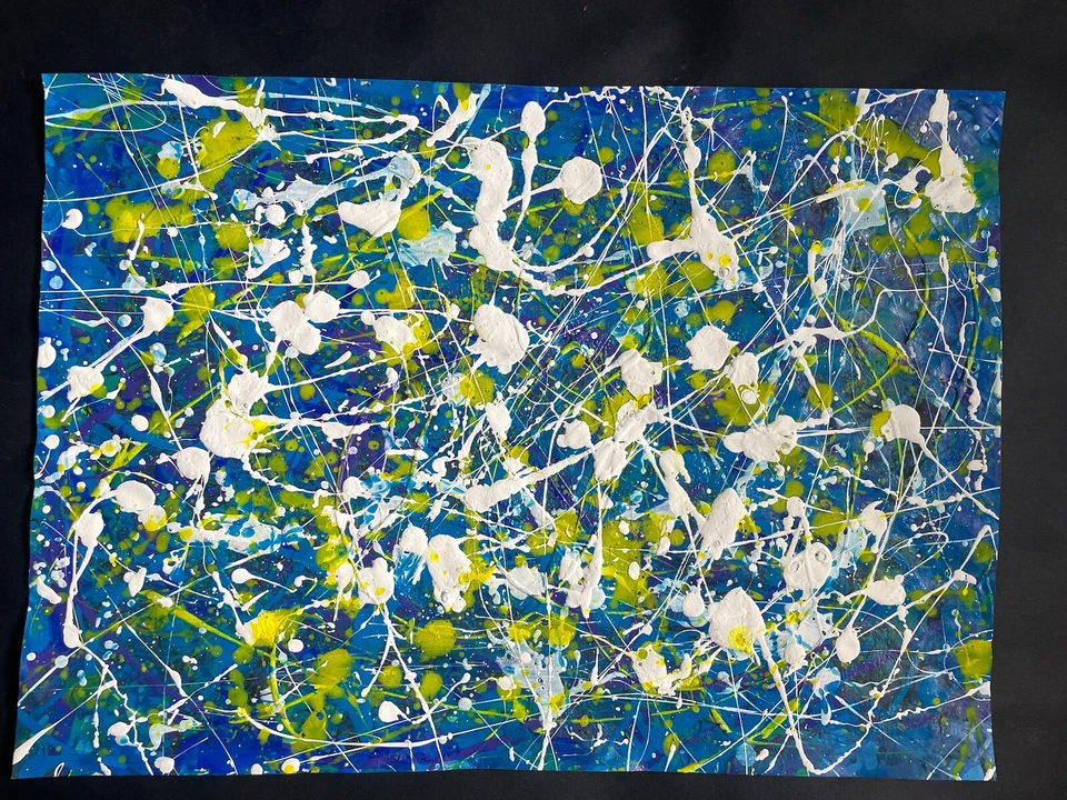 Jackson Pollock Original Pintado a Mano Abstracto Expresionista Azul Amarillo A78 Foto 1 de 4