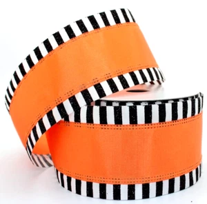 Halloween Orange 2.5" by 5 yd Wired Ribbon Iridescent Black White Stripe Edge - Picture 1 of 10