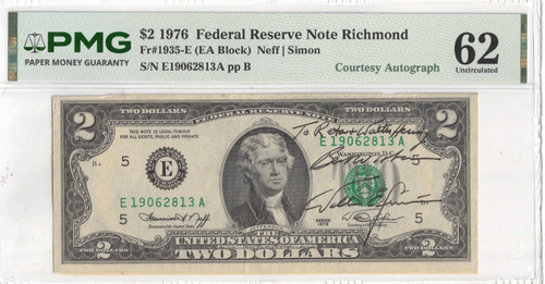 1974 $2 Bank Note with Courtesy Autograph FR#1935-E PMG Uncirculated 62 ...