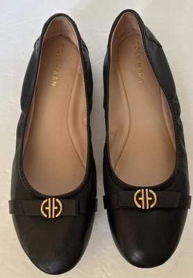 Cole Haan Tova Bow Ballet Flats | Black Leather | Size 8B | Gold Accents - Image 1 of 4