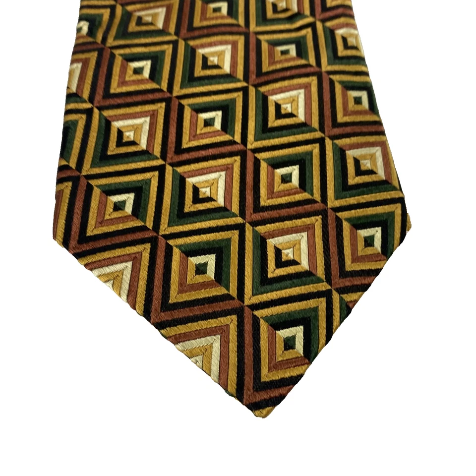 Corbata Bruno Piattelli Para Hombre Seda Verde Dorado Marrón Geométrica Hecha en EE. UU. Foto 1 de 4