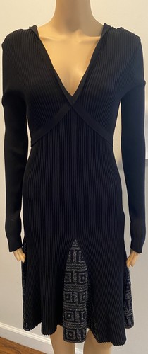 VERSACE COLLECTION abito nero a costine collo a V con inserti stampa geometrica taglia 44