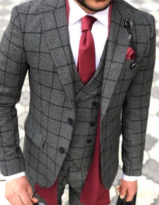 DESIGNER BUSINESS GRAU KARIERT HERRENANZUG SAKKO HOSE WESTE TAILLIERT SLIM FIT  - Bild 1 von 4