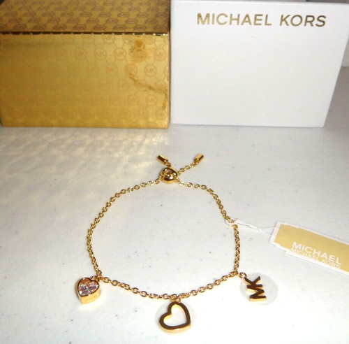 MICHAEL KORS 3 PC MK Logo 2 Hearts G Slider Bracelet Crystals MKJ7779710 +BOX