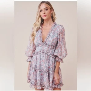 Saints & Secrets GREY ORANGE MULTI-COLOR FLORAL PRINT V-NECK RUFFLE DRES… - Picture 1 of 9