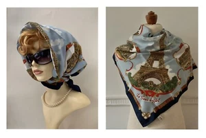 LAHMY Vintage 1960s French Blue Multi 27” Stitched Hem Souvenir Head Scarf - Picture 1 of 17