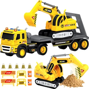Flatbed Truck with Excavator Tractor – 1:12 Scale Large Push & Go Construction T - Picture 1 of 12