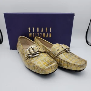 STUART WEITZMAN LOAFERS GOLD/BEIGE CROCODILE PATENT LEATHER BUCKLE SIZE 5.5 - Afbeelding 1 van 12