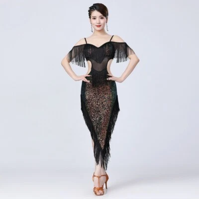 Robe De Danse Midi Sexy Pour Femmes Avec Franges, Sequin Et Danse De Salon Latin - Photo 1/4