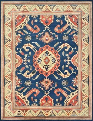 Alfombra Kazaja 8’11” x 11’7” Azul Lana Tribal Anudada a Mano Alfombra Oriental Foto 1 de 4