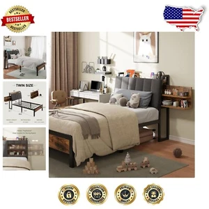 Space-Saving Twin Platform Bed with Retractable Shelf and Easy Assembly Design - Picture 1 of 11