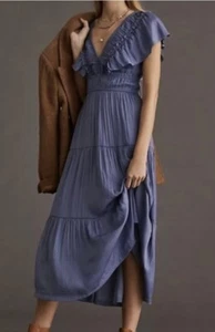 ANTHROPOLOGIE RUFFLED SILKY SATIN TIERED MIDI DRESS SMOKY BLUE SZ-1X RT-190$ NEW - Picture 1 of 13