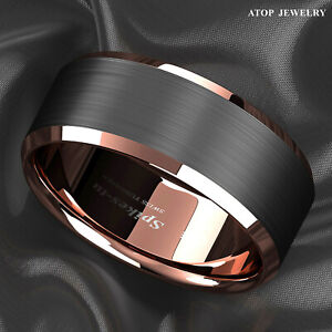8mm Brushed Black Rose gold Edge Tungsten Ring Wedding Band ATOP Men's Jewelry