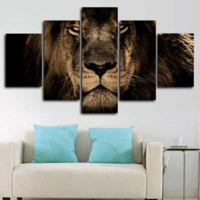 狮子捕食者动物王5面板帆布印花墙艺术海报家居装饰 — 第 1/4 张图片