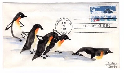 C130 Antarctic Treaty 50c Airmail FDC - Hand-painted Mary Fisher Penguins - Image 1 of 2
