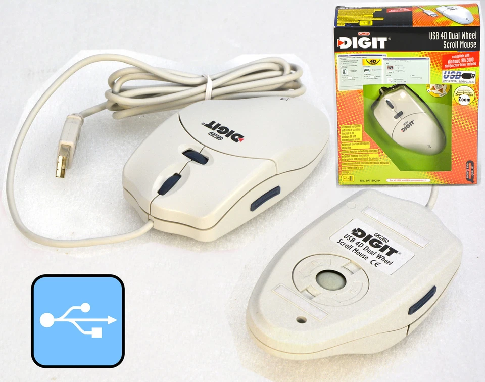 Digit 4D Dual-Wheel Scroll Vintage Mouse USB for Windows 98 2000 XP 7 8 10 O428 - Image 1 of 1
