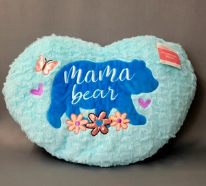 Mama Bear Soft Fuzzy Heart Shaped Pillow Blue Thick Soft Embroidered New - Picture 1 of 7
