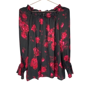 Talbots Top Womens SP Petite Small Black Red Rose Floral Off Shoulder Blouse - Picture 1 of 6