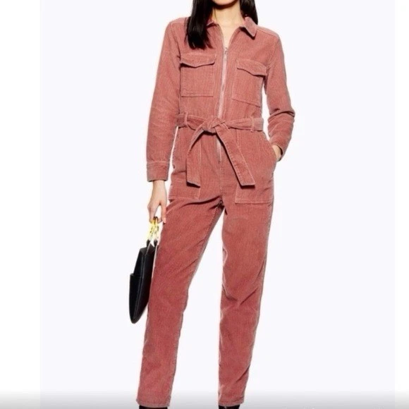 Topshop Women’s Size 6 Pink  Barbiecore Corduroy Long Sleeve  Belted Jumpsuit - Image 1 of 4