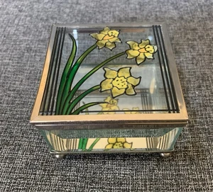 Vintage Painted Daffodils Bevelled Glass MIRROR Hinged Lid Trinket Box 1990s - Picture 1 of 15
