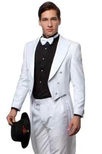 Men's White Tuxedo Tailcoat with Satin Lapels- Easy Care Wedding Prom Black Tie - Picture 1 of 13