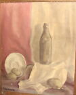 Peinture à l'huile impressionniste vintage nature morte avec bouteille et pommes de terre signées