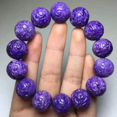 Natural Purple Charoite Gemstone Round Carved Beads Bracelet 15.5mm AAAAA - Image 1 of 4