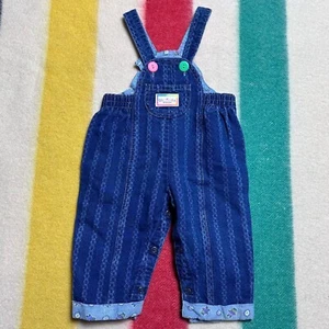 Vintage 1980s 90s OshKosh Overalls Kids Size 12M Stripe Denim with Neon Buttons - Picture 1 of 7