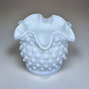 Fenton Vase White Milk Glass Hobnail Ball Ruffle Edge Scalloped 3" Vintage - Picture 1 of 7