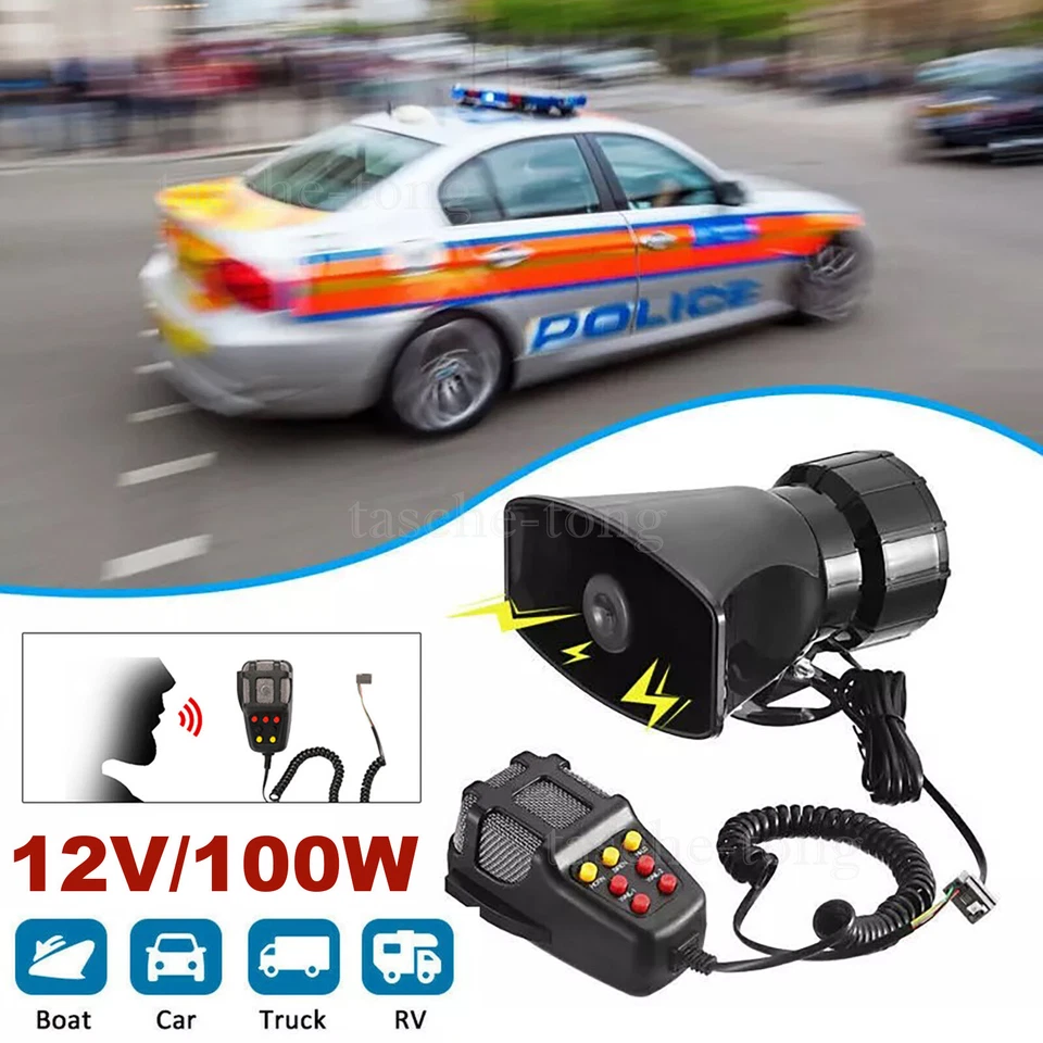 100W 12V 7 Tone Sound Car Police Siren Horn Megaphone With Mic PA Speaker System - Image 1 of 4