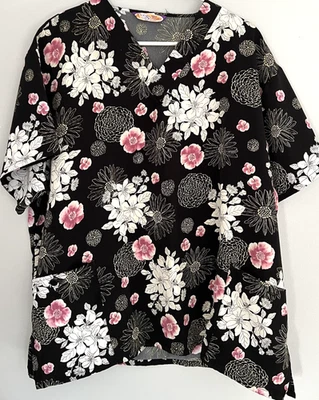 Camisa Médica Sedosa Para Mujer 2XL Negra Rosa Estampado Floral Top Uniforme Foto 1 de 4