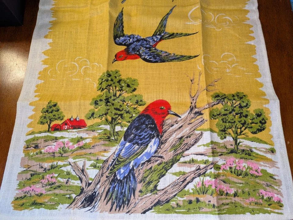 NUEVO Toalla de té de lino con estampado campestre francés MCM vintage pájaros amarillo dorado  Foto 1 de 4