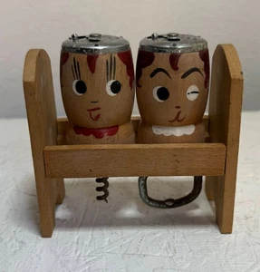 Vintage Wooden Salt & Pepper Shaker Set W/ Cork Screw & Bottle Opener - Picture 1 of 4