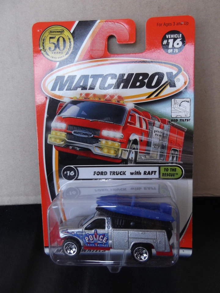 Matchbox 2002 Ford Truck With Raft to The Rescue #16 Silver Police Diecast 95212