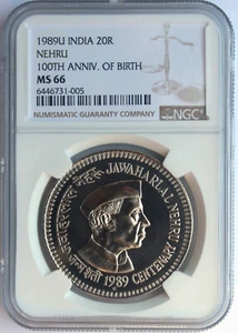 INDIA 1989-U 20 RUPEES. JAWAHARLAL NEHRU. NGC MS-67. RARE MINTMARK. TOP POP 1/0. - Picture 1 of 3