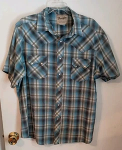 Mens Wrangler Wrancher Shirt Size XL Blue Black Silver Plaid Pearl Snap Western - Picture 1 of 4