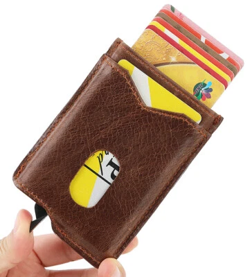 Schmale minimalistische Geldbörse aus echtem Leder für Männer, RFID Aluminium Pop-Up Kartenetui - Bild 1 von 4