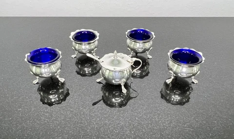 Sterling Silver Cellars Salt And Mustard Pot, Blue Cobalt Glass British Hallmark Cover
