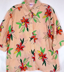 Haband-Womens Hawaiian Shirt-Large-Peach Floral-Casual Button Up-3/4 Sleeve - Picture 1 of 7