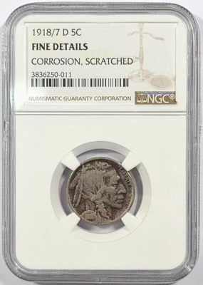1918/7 D BUFFALO NICKEL NGC GRADED FINE DETAILS CORROSION SCRATCHED  - Image 1 of 4