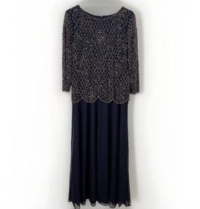 NEW XSCAPE 3/4 Sleeve Mesh MIDI Dress Metallic Beaded Layered Navy Women 14 807X - Picture 1 of 19